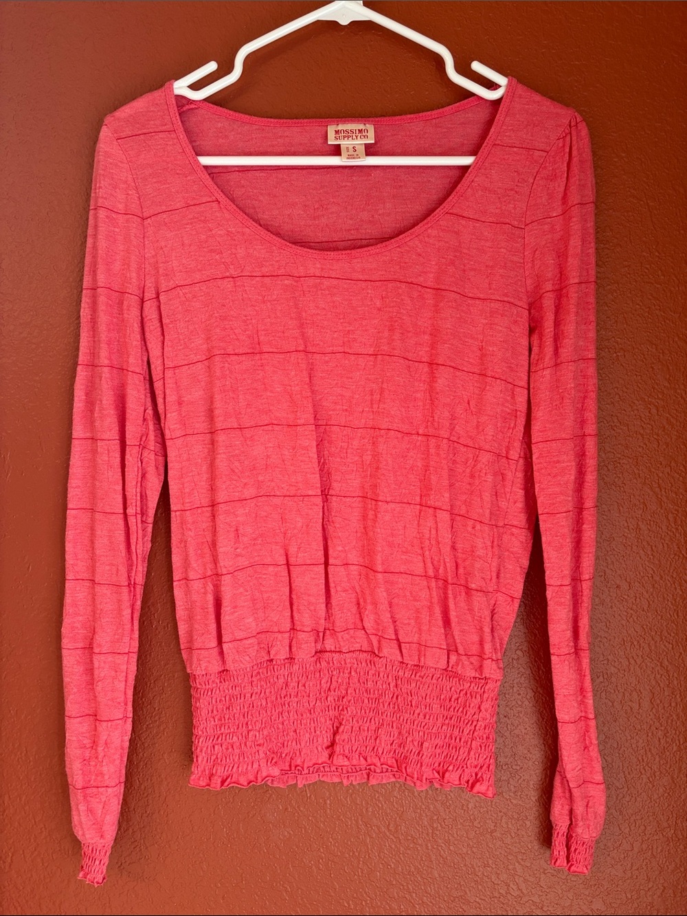 Jessica Simpson Coral-Pink Long Sleeve Smocked Hem Top